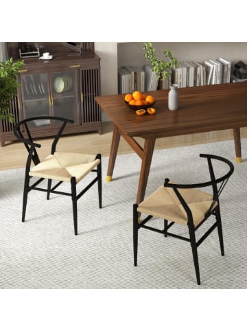 COSTWAY 2er Set Esszimmerstühle stapelbar mit Metallrahmen in Beige