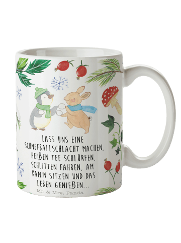 Mr. & Mrs. Panda Tasse Pinguin Hase Schneeballschlacht mit Spruch in Weiß