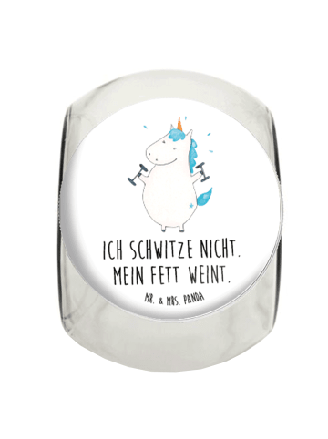 Mr. & Mrs. Panda Bonbonglas Einhorn Fitness mit Spruch in Weiß