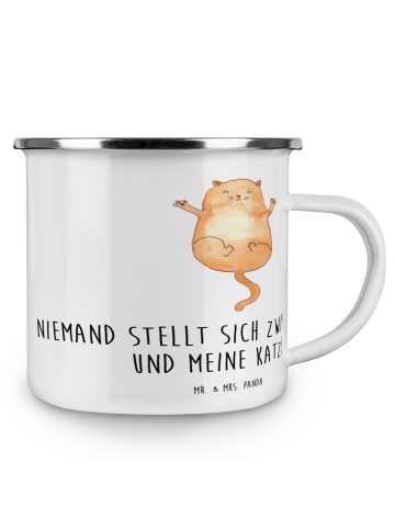 Mr. & Mrs. Panda Camping Emaille Tasse Katze Umarmen mit Spruch in Weiß