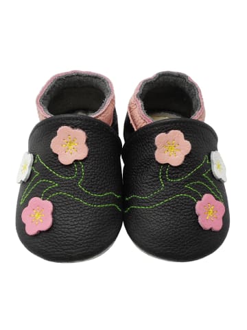 Yalion Baby-Lederlaufschuhe mit rutschfester Sohle – schwarz mit Blumenmuster