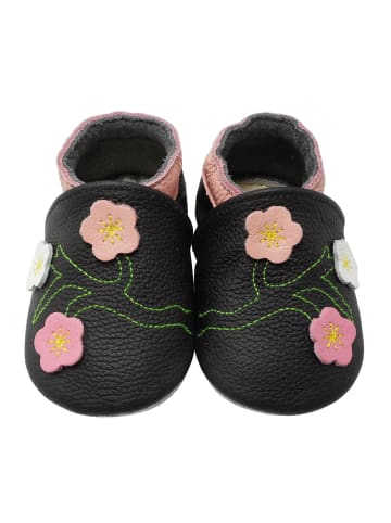 Yalion Leder-Krabbelschuhe "3 Blumen" in Schwarz