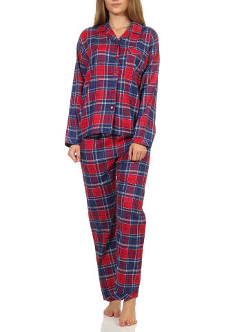 NORMANN Flanell Pyjama Schlafanzug kariert Knopfleiste und Hemdkragen - 50423 in Blau