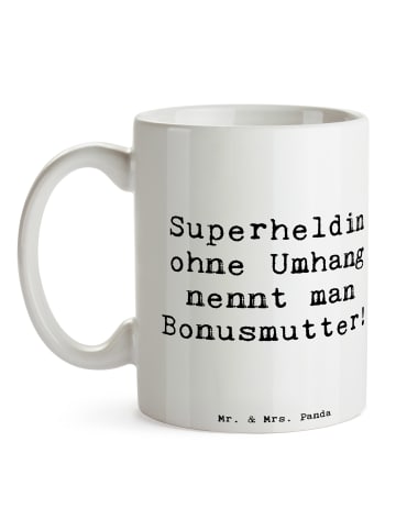 Mr. & Mrs. Panda Tasse Bonusmutter Superheld mit Spruch in Weiß