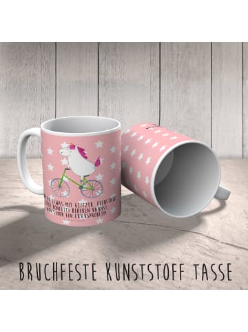 Mr. & Mrs. Panda Kaffeetasse Einhorn Radfahrer mit Spruch in Rot Pastell
