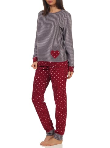 NORMANN Frottee Pyjama Bündchen Herz Tupfen und Ringeldesign - 58207 in Rot