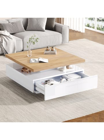 ABRIHOME Multifunktionaler 360° schwenkbarer Couchtisch mit Stauraum in Weiß