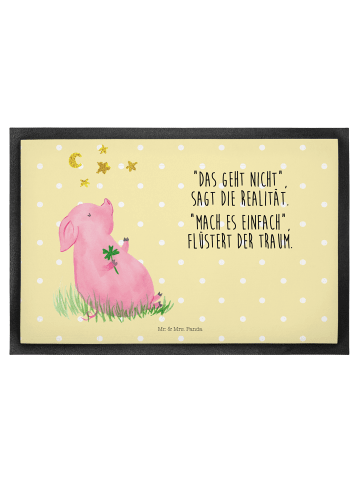 Mr. & Mrs. Panda Fußabstreifer Schwein Glück mit Spruch in Gelb Pastell