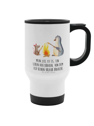 Mr. & Mrs. Panda Kaffeebecher Pinguin Lagerfeuer mit Spruch in Weiß