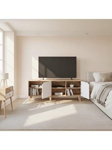 relaxdays TV-Lowboard in Natur/ Weiß - (B)140 x (H)50 x (T)40 cm