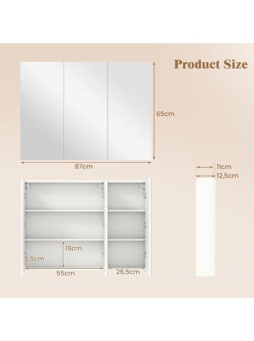 COSTWAY Spiegelschrank Bad 87 x 65 x 12,5 cm in Weiß