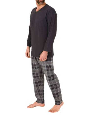NORMANN Schlafanzug langarm Pyjama mit karierter Jersey Hose in anthrazit