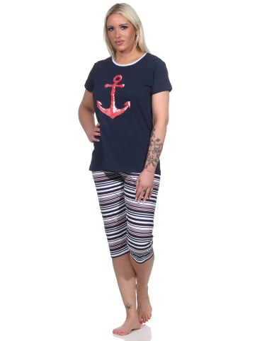 NORMANN Capri Schlafanzug kurzarm Pyjama Anker und Ringeln in navy