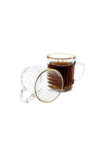 Almina 6er Gläser-Set mit Henkel 240 ml - Goldumrandung & Riffle-Design in Transparent