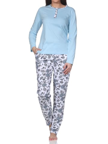 NORMANN Pyjama Schlafanzug langarm Hose floralem print in blau
