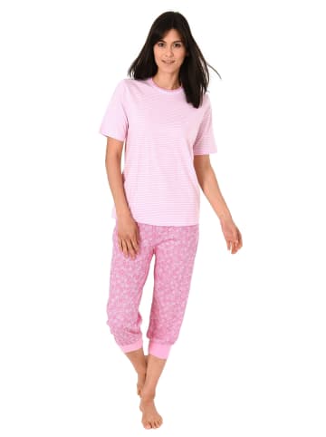 NORMANN Capri Pyjama kurzarm und Spitzenbesatz in rosa