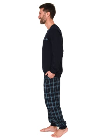 NORMANN Schlafanzug Pyjama Bündchen und karierter Jersey Hose in marine