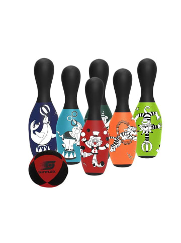 Sunflex Kegelspiel Bowling Set Zirkus, 6 farbigen Pins 18 cm, Schaumstoff Ball