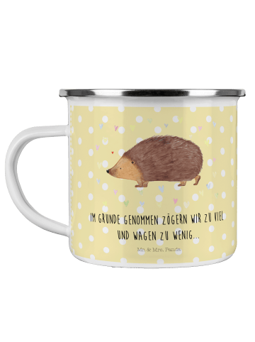 Mr. & Mrs. Panda Camping Emaille Tasse Igel Herzen mit Spruch in Gelb Pastell