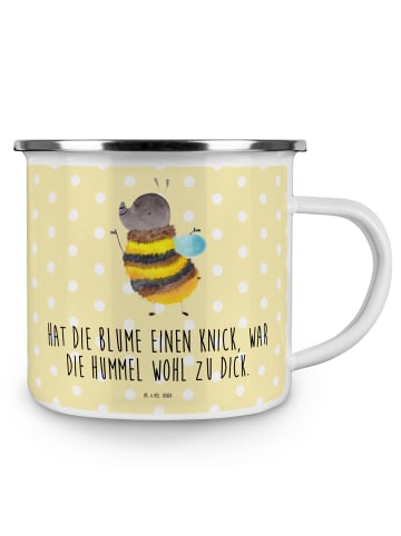 Mr. & Mrs. Panda Camping Emaille Tasse Hummel flauschig mit Spruch in Gelb Pastell