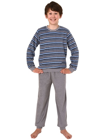 NORMANN Frottee Pyjama Schlafanzug langarm Bündchen Oberteil gestreift in grau/blau