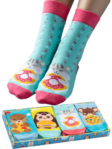 Corimori Witzige Lustige Bunte Anime Baumwolle Socken 4er Set Tiere Geschenk-Verpackung in türkis-kombi