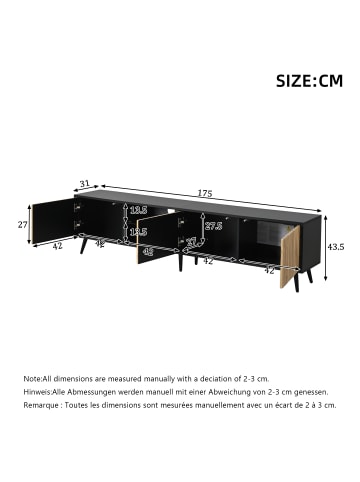 ABRIHOME TV Schrank in Natur Schwarz 175x31x43,5 cm mit LED Glas 3 Fächern für 75 Zoll