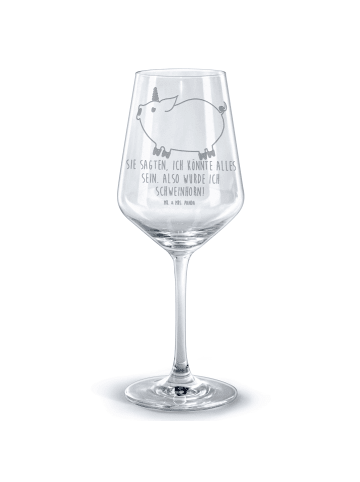 Mr. & Mrs. Panda Rotweinglas mit Gravur Einhorn Schwein mit Spruch in Transparent