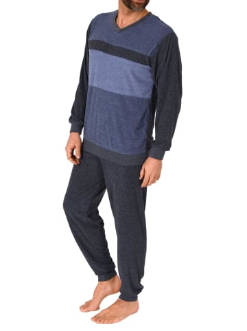 NORMANN Frottee Schlafanzug langarm Bündchen Blockstreifen - 75364 in blau