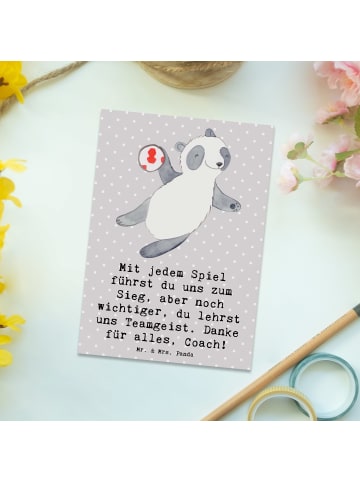 Mr. & Mrs. Panda Grußkarte Handball Trainerin Dankeschön mit Spruch in Grau Pastell