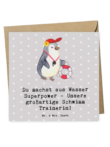 Mr. & Mrs. Panda Klappkarte Superpower Schwimmen Trainerin mit S... in Grau Pastell