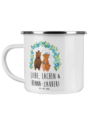 Mr. & Mrs. Panda Camping Emaille Tasse Henna-Abend Magie mit Spruch in Weiß