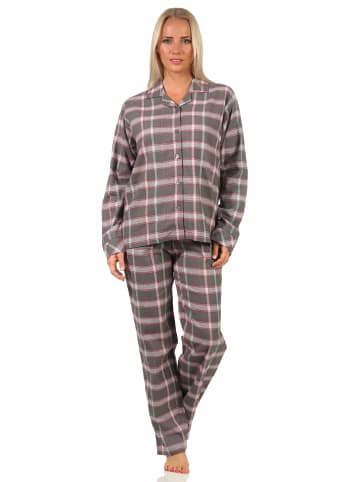 NORMANN Flanell Pyjama Schlafanzug kariert Knopfleiste und Hemdkragen in grau