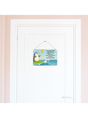 Mr. & Mrs. Panda Schild Pinguin Surfer Design mit Spruch in Weiß