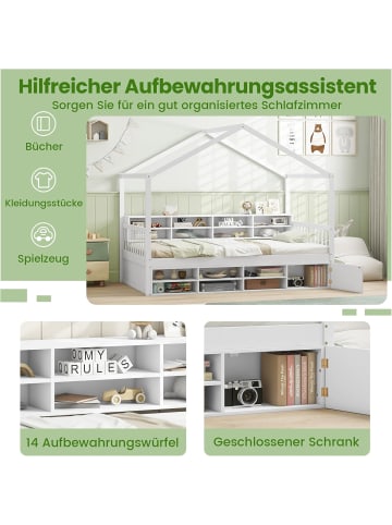 COSTWAY Kinderbett 90x200cm mit Dach & 14 Fächern in Weiß
