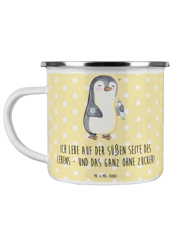 Mr. & Mrs. Panda Camping Emaille Tasse Pinguin Diabetes mit Spruch in Gelb Pastell