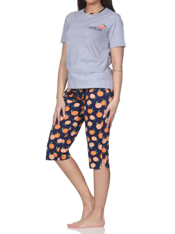 NORMANN Kurzarm Capri Schlafanzug Shorty Übergröße Pfirsich in grau-mel.