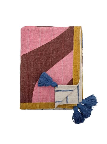 Bloomingville Decke REMY Rosa Rot mit FISCH mit Blauen Quasten 160x130 cm