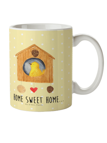 Mr. & Mrs. Panda Kindertasse Vogelhaus Home mit Spruch in Gelb Pastell