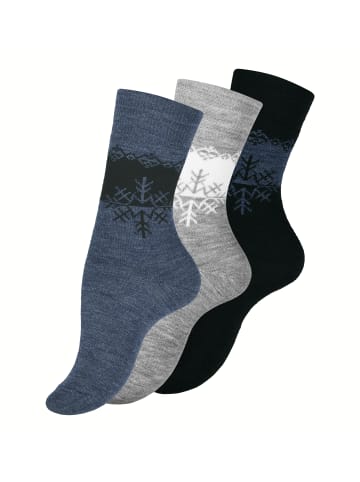 Cotton Prime® THERMO Socken 3 Paar, Eiskristall-Muster in Schwarz/Grau/Blau