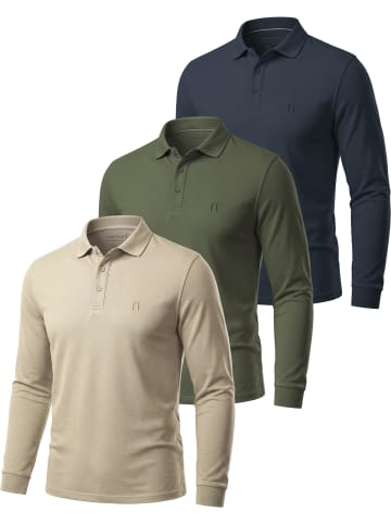 normani 3er Set Herren Langarm Poloshirt Lyroe in Beige/Oliv/Navy