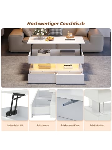 ABRIHOME Anhebbarer Couchtisch mit LED und verstecktem Stauraum in Weiß, 120*50*46 cm