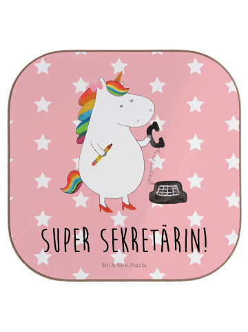 Mr. & Mrs. Panda Getränkeuntersetzer Einhorn Sekretärin mit Spruch in Rot Pastell