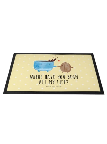 Mr. & Mrs. Panda Fußabstreifer Kaffee Bohne mit Spruch in Gelb Pastell