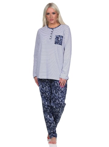 NORMANN Schlafanzug Pyjama lang Oberteil gestreift Hose Blümchenmuster - 72504 in weiss