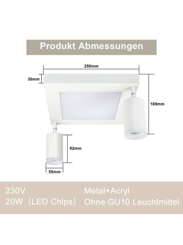 ZMH Deckenleuchte LED 2-flammige GU10 in weiß eckig 20W schwenkbar L 25cm