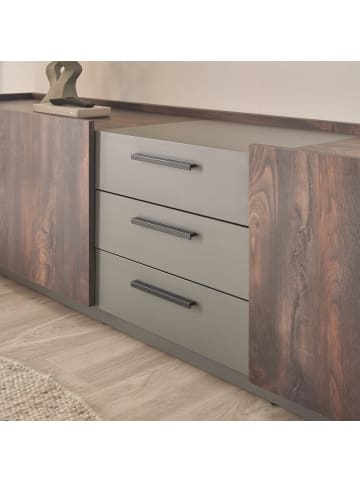 Furn.Design Wohnwand Thermo Eiche, grau, Wohnkombination 3-teilig mit Soft-Close 300 cm