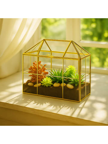 relaxdays Pflanzenterrarium "Haus" in Gold - (B)30 x (H)27 x (T)15 cm