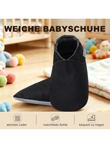 Bemesu Baby Hausschuhe aus echtem Leder mit Wildledersohle Einfarbig Schwarz