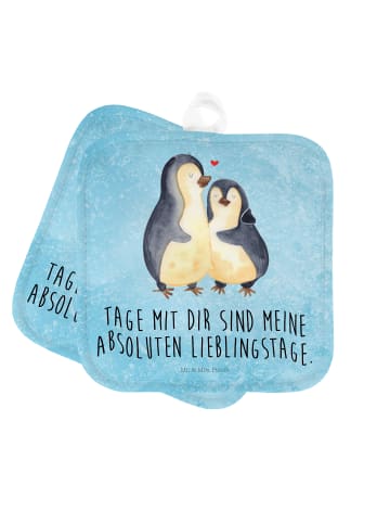 Mr. & Mrs. Panda 2er Set Topflappen  Pinguin umarmen mit Spruch in Eisblau